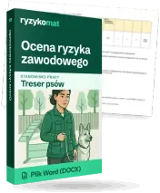 Pudełko dokumentu „Ocena ryzyka zawodowego” ze znakiem Ryzykomat i napisem „Plik Word (DOCX)” na froncie, ilustracja stanowiska „Treser psów”; zza pudełka wystaje strona prawdziwego dokumentu z rozmytą treścią
