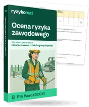 Pudełko dokumentu „Ocena ryzyka zawodowego” ze znakiem Ryzykomat i napisem „Plik Word (DOCX)” na froncie, ilustracja stanowiska „Układacz nawierzchni drogowych (asfalt)”; zza pudełka wystaje strona prawdziwego dokumentu z rozmytą treścią