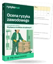 Pudełko dokumentu „Ocena ryzyka zawodowego” ze znakiem Ryzykomat i napisem „Plik Word (DOCX)” na froncie, ilustracja stanowiska „Wydawca środków strzałowych”; zza pudełka wystaje strona prawdziwego dokumentu z rozmytą treścią