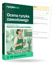 Pudełko dokumentu „Ocena ryzyka zawodowego” ze znakiem Ryzykomat i napisem „Plik Word (DOCX)” na froncie, ilustracja stanowiska „Wytwórca sztucznych kwiatów”; zza pudełka wystaje strona prawdziwego dokumentu z rozmytą treścią