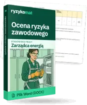 Pudełko dokumentu „Ocena ryzyka zawodowego” ze znakiem Ryzykomat i napisem „Plik Word (DOCX)” na froncie, ilustracja stanowiska „Zarządca energią”; zza pudełka wystaje strona prawdziwego dokumentu z rozmytą treścią