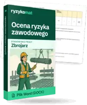 Pudełko dokumentu „Ocena ryzyka zawodowego” ze znakiem Ryzykomat i napisem „Plik Word (DOCX)” na froncie, ilustracja stanowiska „Zbrojarz”; zza pudełka wystaje strona prawdziwego dokumentu z rozmytą treścią