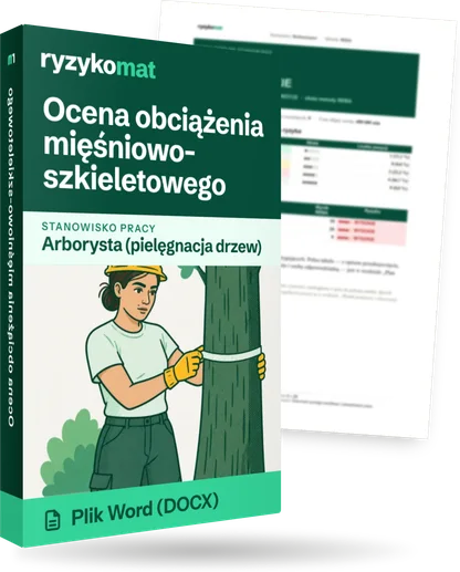 Pudełko dokumentu „Ocena obciążenia mięśniowo-szkieletowego” ze znakiem Ryzykomat i napisem „Plik Word (DOCX)” na froncie, ilustracja stanowiska „Arborysta (pielęgnacja drzew)”; zza pudełka wystaje strona prawdziwego dokumentu z rozmytą treścią