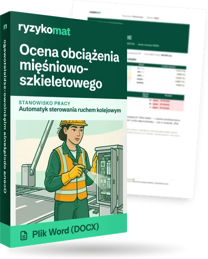 Pudełko dokumentu „Ocena obciążenia mięśniowo-szkieletowego” ze znakiem Ryzykomat i napisem „Plik Word (DOCX)” na froncie, ilustracja stanowiska „Automatyk sterowania ruchem kolejowym”; zza pudełka wystaje strona prawdziwego dokumentu z rozmytą treścią