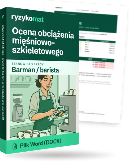 Pudełko dokumentu „Ocena obciążenia mięśniowo-szkieletowego” ze znakiem Ryzykomat i napisem „Plik Word (DOCX)” na froncie, ilustracja stanowiska „Barman / barista”; zza pudełka wystaje strona prawdziwego dokumentu z rozmytą treścią