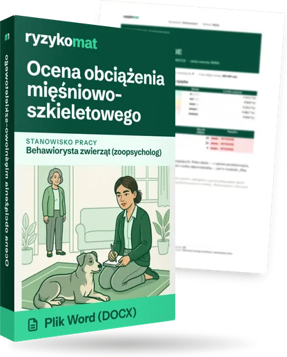 Pudełko dokumentu „Ocena obciążenia mięśniowo-szkieletowego” ze znakiem Ryzykomat i napisem „Plik Word (DOCX)” na froncie, ilustracja stanowiska „Behawiorysta zwierząt (zoopsycholog)”; zza pudełka wystaje strona prawdziwego dokumentu z rozmytą treścią