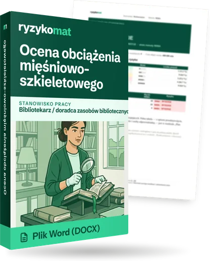 Pudełko dokumentu „Ocena obciążenia mięśniowo-szkieletowego” ze znakiem Ryzykomat i napisem „Plik Word (DOCX)” na froncie, ilustracja stanowiska „Bibliotekarz / doradca zasobów bibliotecznych”; zza pudełka wystaje strona prawdziwego dokumentu z rozmytą treścią