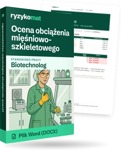 Pudełko dokumentu „Ocena obciążenia mięśniowo-szkieletowego” ze znakiem Ryzykomat i napisem „Plik Word (DOCX)” na froncie, ilustracja stanowiska „Biotechnolog”; zza pudełka wystaje strona prawdziwego dokumentu z rozmytą treścią