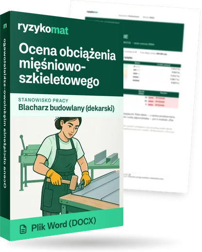 Pudełko dokumentu „Ocena obciążenia mięśniowo-szkieletowego” ze znakiem Ryzykomat i napisem „Plik Word (DOCX)” na froncie, ilustracja stanowiska „Blacharz budowlany (dekarski)”; zza pudełka wystaje strona prawdziwego dokumentu z rozmytą treścią