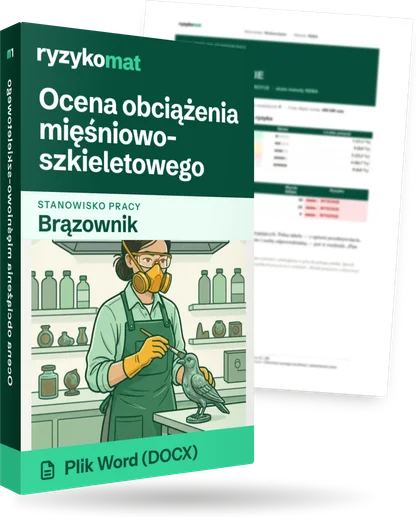 Pudełko dokumentu „Ocena obciążenia mięśniowo-szkieletowego” ze znakiem Ryzykomat i napisem „Plik Word (DOCX)” na froncie, ilustracja stanowiska „Brązownik”; zza pudełka wystaje strona prawdziwego dokumentu z rozmytą treścią