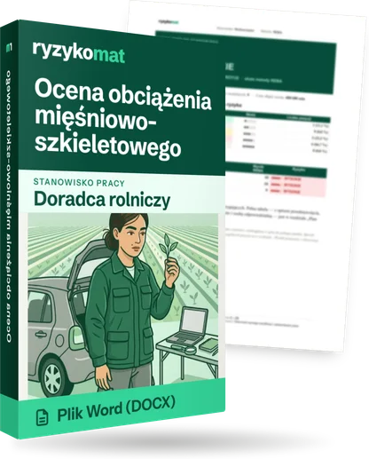 Pudełko dokumentu „Ocena obciążenia mięśniowo-szkieletowego” ze znakiem Ryzykomat i napisem „Plik Word (DOCX)” na froncie, ilustracja stanowiska „Doradca rolniczy”; zza pudełka wystaje strona prawdziwego dokumentu z rozmytą treścią