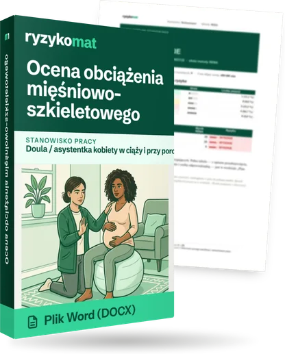 Pudełko dokumentu „Ocena obciążenia mięśniowo-szkieletowego” ze znakiem Ryzykomat i napisem „Plik Word (DOCX)” na froncie, ilustracja stanowiska „Doula / asystentka kobiety w ciąży i przy porodzie”; zza pudełka wystaje strona prawdziwego dokumentu z rozmytą treścią