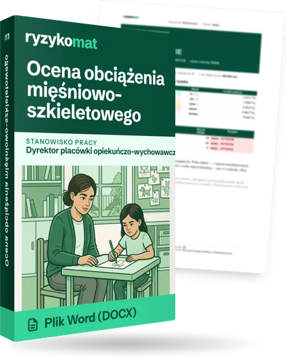 Pudełko dokumentu „Ocena obciążenia mięśniowo-szkieletowego” ze znakiem Ryzykomat i napisem „Plik Word (DOCX)” na froncie, ilustracja stanowiska „Dyrektor placówki opiekuńczo-wychowawczej”; zza pudełka wystaje strona prawdziwego dokumentu z rozmytą treścią