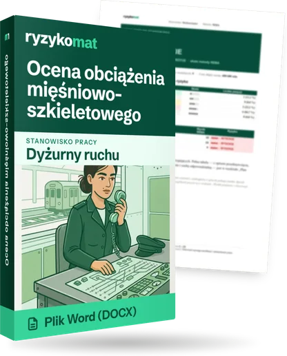 Pudełko dokumentu „Ocena obciążenia mięśniowo-szkieletowego” ze znakiem Ryzykomat i napisem „Plik Word (DOCX)” na froncie, ilustracja stanowiska „Dyżurny ruchu”; zza pudełka wystaje strona prawdziwego dokumentu z rozmytą treścią