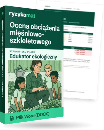Pudełko dokumentu „Ocena obciążenia mięśniowo-szkieletowego” ze znakiem Ryzykomat i napisem „Plik Word (DOCX)” na froncie, ilustracja stanowiska „Edukator ekologiczny”; zza pudełka wystaje strona prawdziwego dokumentu z rozmytą treścią