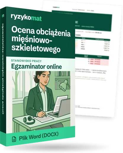 Pudełko dokumentu „Ocena obciążenia mięśniowo-szkieletowego” ze znakiem Ryzykomat i napisem „Plik Word (DOCX)” na froncie, ilustracja stanowiska „Egzaminator online”; zza pudełka wystaje strona prawdziwego dokumentu z rozmytą treścią