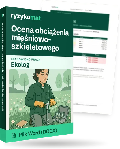 Pudełko dokumentu „Ocena obciążenia mięśniowo-szkieletowego” ze znakiem Ryzykomat i napisem „Plik Word (DOCX)” na froncie, ilustracja stanowiska „Ekolog”; zza pudełka wystaje strona prawdziwego dokumentu z rozmytą treścią