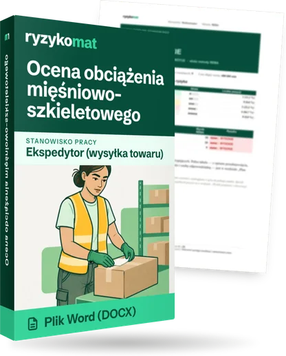 Pudełko dokumentu „Ocena obciążenia mięśniowo-szkieletowego” ze znakiem Ryzykomat i napisem „Plik Word (DOCX)” na froncie, ilustracja stanowiska „Ekspedytor (wysyłka towaru)”; zza pudełka wystaje strona prawdziwego dokumentu z rozmytą treścią