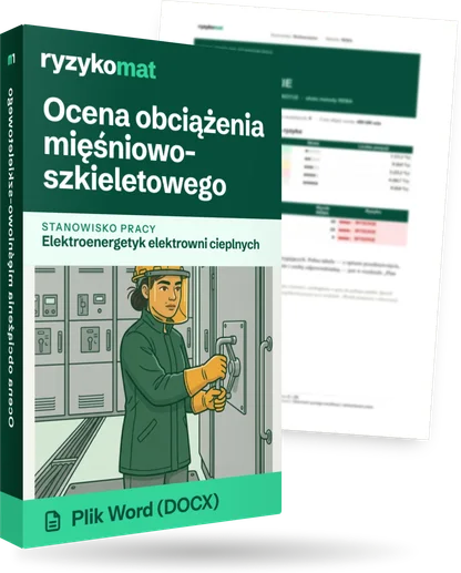 Pudełko dokumentu „Ocena obciążenia mięśniowo-szkieletowego” ze znakiem Ryzykomat i napisem „Plik Word (DOCX)” na froncie, ilustracja stanowiska „Elektroenergetyk elektrowni cieplnych”; zza pudełka wystaje strona prawdziwego dokumentu z rozmytą treścią
