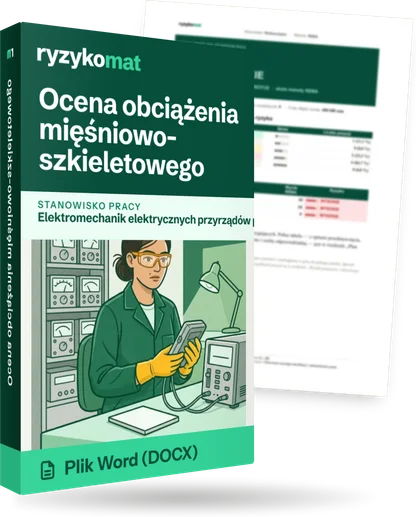 Pudełko dokumentu „Ocena obciążenia mięśniowo-szkieletowego” ze znakiem Ryzykomat i napisem „Plik Word (DOCX)” na froncie, ilustracja stanowiska „Elektromechanik elektrycznych przyrządów pomiarowych”; zza pudełka wystaje strona prawdziwego dokumentu z rozmytą treścią