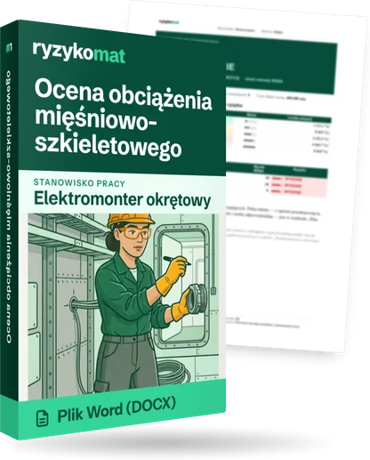 Pudełko dokumentu „Ocena obciążenia mięśniowo-szkieletowego” ze znakiem Ryzykomat i napisem „Plik Word (DOCX)” na froncie, ilustracja stanowiska „Elektromonter okrętowy”; zza pudełka wystaje strona prawdziwego dokumentu z rozmytą treścią