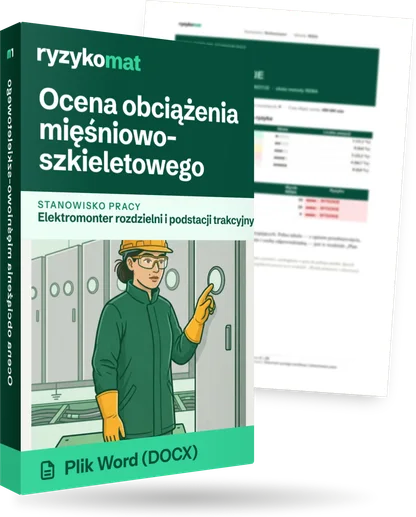 Pudełko dokumentu „Ocena obciążenia mięśniowo-szkieletowego” ze znakiem Ryzykomat i napisem „Plik Word (DOCX)” na froncie, ilustracja stanowiska „Elektromonter rozdzielni i podstacji trakcyjnych”; zza pudełka wystaje strona prawdziwego dokumentu z rozmytą treścią