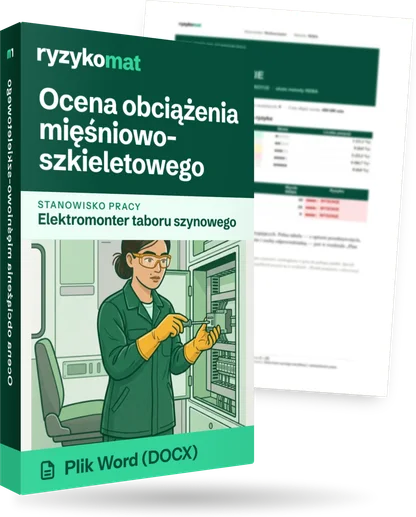 Pudełko dokumentu „Ocena obciążenia mięśniowo-szkieletowego” ze znakiem Ryzykomat i napisem „Plik Word (DOCX)” na froncie, ilustracja stanowiska „Elektromonter taboru szynowego”; zza pudełka wystaje strona prawdziwego dokumentu z rozmytą treścią