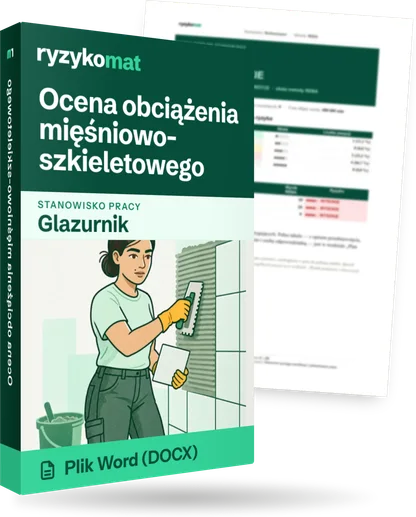 Pudełko dokumentu „Ocena obciążenia mięśniowo-szkieletowego” ze znakiem Ryzykomat i napisem „Plik Word (DOCX)” na froncie, ilustracja stanowiska „Glazurnik”; zza pudełka wystaje strona prawdziwego dokumentu z rozmytą treścią