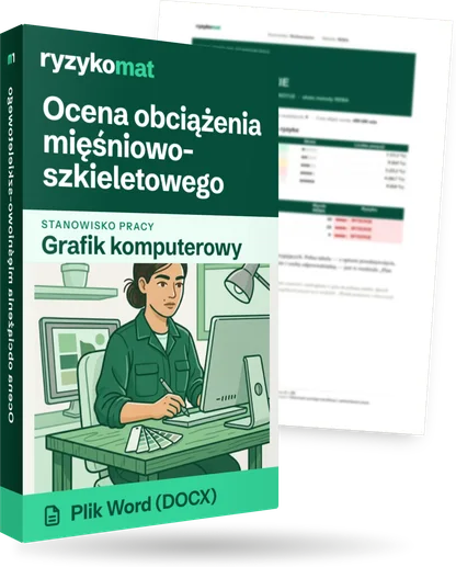Pudełko dokumentu „Ocena obciążenia mięśniowo-szkieletowego” ze znakiem Ryzykomat i napisem „Plik Word (DOCX)” na froncie, ilustracja stanowiska „Grafik komputerowy”; zza pudełka wystaje strona prawdziwego dokumentu z rozmytą treścią