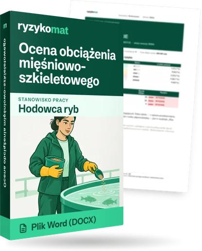 Pudełko dokumentu „Ocena obciążenia mięśniowo-szkieletowego” ze znakiem Ryzykomat i napisem „Plik Word (DOCX)” na froncie, ilustracja stanowiska „Hodowca ryb”; zza pudełka wystaje strona prawdziwego dokumentu z rozmytą treścią