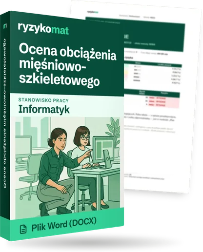 Pudełko dokumentu „Ocena obciążenia mięśniowo-szkieletowego” ze znakiem Ryzykomat i napisem „Plik Word (DOCX)” na froncie, ilustracja stanowiska „Informatyk”; zza pudełka wystaje strona prawdziwego dokumentu z rozmytą treścią