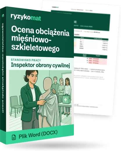 Pudełko dokumentu „Ocena obciążenia mięśniowo-szkieletowego” ze znakiem Ryzykomat i napisem „Plik Word (DOCX)” na froncie, ilustracja stanowiska „Inspektor obrony cywilnej”; zza pudełka wystaje strona prawdziwego dokumentu z rozmytą treścią