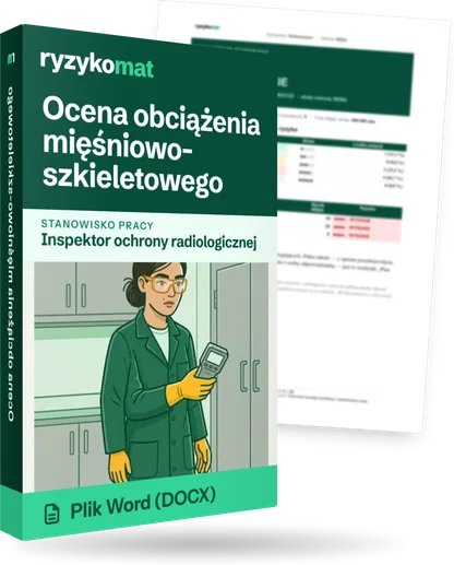 Pudełko dokumentu „Ocena obciążenia mięśniowo-szkieletowego” ze znakiem Ryzykomat i napisem „Plik Word (DOCX)” na froncie, ilustracja stanowiska „Inspektor ochrony radiologicznej”; zza pudełka wystaje strona prawdziwego dokumentu z rozmytą treścią