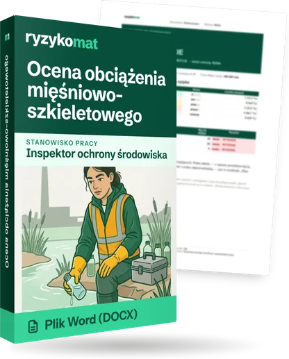 Pudełko dokumentu „Ocena obciążenia mięśniowo-szkieletowego” ze znakiem Ryzykomat i napisem „Plik Word (DOCX)” na froncie, ilustracja stanowiska „Inspektor ochrony środowiska”; zza pudełka wystaje strona prawdziwego dokumentu z rozmytą treścią