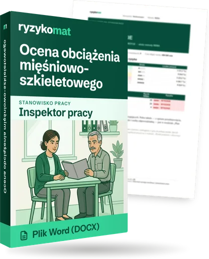 Pudełko dokumentu „Ocena obciążenia mięśniowo-szkieletowego” ze znakiem Ryzykomat i napisem „Plik Word (DOCX)” na froncie, ilustracja stanowiska „Inspektor pracy”; zza pudełka wystaje strona prawdziwego dokumentu z rozmytą treścią