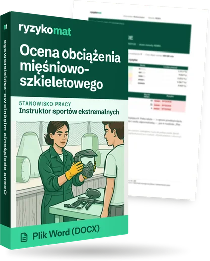 Pudełko dokumentu „Ocena obciążenia mięśniowo-szkieletowego” ze znakiem Ryzykomat i napisem „Plik Word (DOCX)” na froncie, ilustracja stanowiska „Instruktor sportów ekstremalnych”; zza pudełka wystaje strona prawdziwego dokumentu z rozmytą treścią