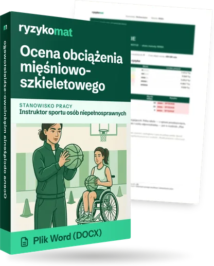 Pudełko dokumentu „Ocena obciążenia mięśniowo-szkieletowego” ze znakiem Ryzykomat i napisem „Plik Word (DOCX)” na froncie, ilustracja stanowiska „Instruktor sportu osób niepełnosprawnych”; zza pudełka wystaje strona prawdziwego dokumentu z rozmytą treścią