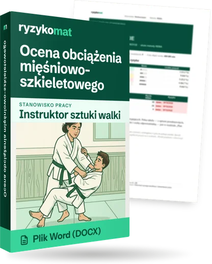 Pudełko dokumentu „Ocena obciążenia mięśniowo-szkieletowego” ze znakiem Ryzykomat i napisem „Plik Word (DOCX)” na froncie, ilustracja stanowiska „Instruktor sztuki walki”; zza pudełka wystaje strona prawdziwego dokumentu z rozmytą treścią