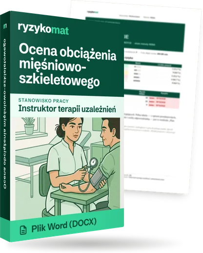 Pudełko dokumentu „Ocena obciążenia mięśniowo-szkieletowego” ze znakiem Ryzykomat i napisem „Plik Word (DOCX)” na froncie, ilustracja stanowiska „Instruktor terapii uzależnień”; zza pudełka wystaje strona prawdziwego dokumentu z rozmytą treścią