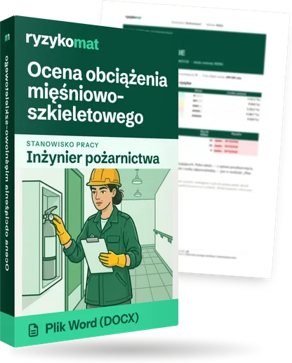 Pudełko dokumentu „Ocena obciążenia mięśniowo-szkieletowego” ze znakiem Ryzykomat i napisem „Plik Word (DOCX)” na froncie, ilustracja stanowiska „Inżynier pożarnictwa”; zza pudełka wystaje strona prawdziwego dokumentu z rozmytą treścią