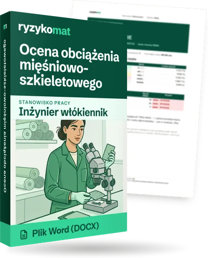 Pudełko dokumentu „Ocena obciążenia mięśniowo-szkieletowego” ze znakiem Ryzykomat i napisem „Plik Word (DOCX)” na froncie, ilustracja stanowiska „Inżynier włókiennik”; zza pudełka wystaje strona prawdziwego dokumentu z rozmytą treścią