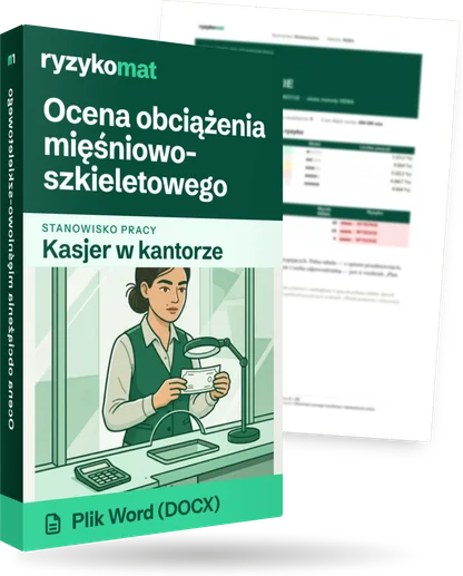 Pudełko dokumentu „Ocena obciążenia mięśniowo-szkieletowego” ze znakiem Ryzykomat i napisem „Plik Word (DOCX)” na froncie, ilustracja stanowiska „Kasjer w kantorze”; zza pudełka wystaje strona prawdziwego dokumentu z rozmytą treścią