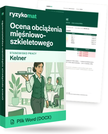Pudełko dokumentu „Ocena obciążenia mięśniowo-szkieletowego” ze znakiem Ryzykomat i napisem „Plik Word (DOCX)” na froncie, ilustracja stanowiska „Kelner”; zza pudełka wystaje strona prawdziwego dokumentu z rozmytą treścią
