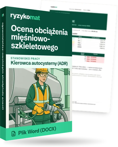 Pudełko dokumentu „Ocena obciążenia mięśniowo-szkieletowego” ze znakiem Ryzykomat i napisem „Plik Word (DOCX)” na froncie, ilustracja stanowiska „Kierowca autocysterny (ADR)”; zza pudełka wystaje strona prawdziwego dokumentu z rozmytą treścią
