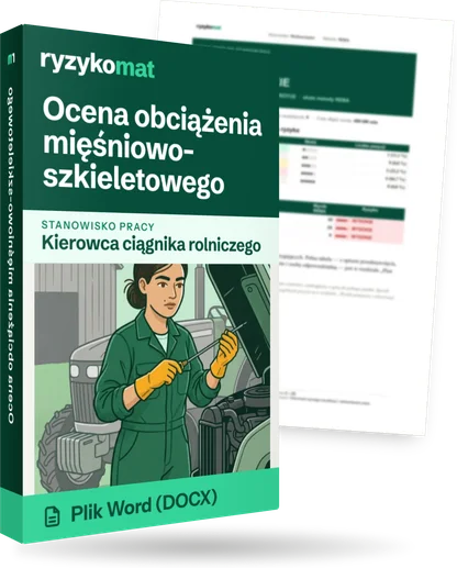 Pudełko dokumentu „Ocena obciążenia mięśniowo-szkieletowego” ze znakiem Ryzykomat i napisem „Plik Word (DOCX)” na froncie, ilustracja stanowiska „Kierowca ciągnika rolniczego”; zza pudełka wystaje strona prawdziwego dokumentu z rozmytą treścią