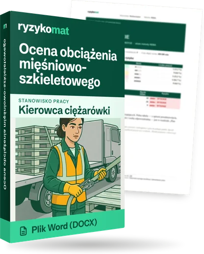 Pudełko dokumentu „Ocena obciążenia mięśniowo-szkieletowego” ze znakiem Ryzykomat i napisem „Plik Word (DOCX)” na froncie, ilustracja stanowiska „Kierowca ciężarówki”; zza pudełka wystaje strona prawdziwego dokumentu z rozmytą treścią
