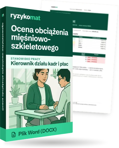 Pudełko dokumentu „Ocena obciążenia mięśniowo-szkieletowego” ze znakiem Ryzykomat i napisem „Plik Word (DOCX)” na froncie, ilustracja stanowiska „Kierownik działu kadr i płac”; zza pudełka wystaje strona prawdziwego dokumentu z rozmytą treścią