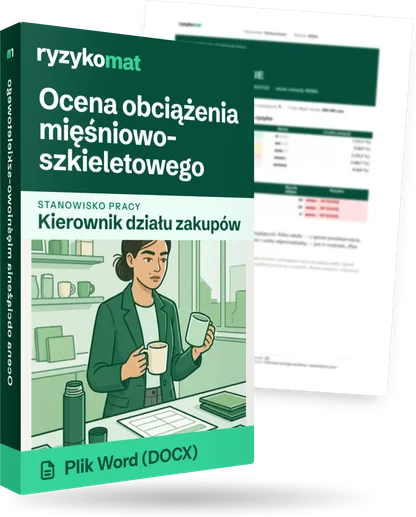 Pudełko dokumentu „Ocena obciążenia mięśniowo-szkieletowego” ze znakiem Ryzykomat i napisem „Plik Word (DOCX)” na froncie, ilustracja stanowiska „Kierownik działu zakupów”; zza pudełka wystaje strona prawdziwego dokumentu z rozmytą treścią
