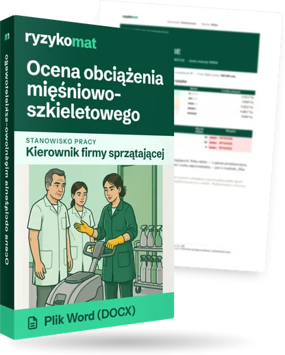 Pudełko dokumentu „Ocena obciążenia mięśniowo-szkieletowego” ze znakiem Ryzykomat i napisem „Plik Word (DOCX)” na froncie, ilustracja stanowiska „Kierownik firmy sprzątającej”; zza pudełka wystaje strona prawdziwego dokumentu z rozmytą treścią