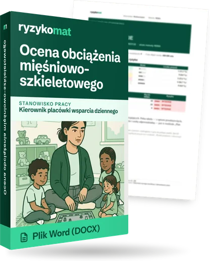 Pudełko dokumentu „Ocena obciążenia mięśniowo-szkieletowego” ze znakiem Ryzykomat i napisem „Plik Word (DOCX)” na froncie, ilustracja stanowiska „Kierownik placówki wsparcia dziennego”; zza pudełka wystaje strona prawdziwego dokumentu z rozmytą treścią
